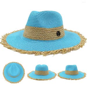 Wide Brim Hats Lake Blue Straw Hat M Women's Travel Beach Small Fresh Flat Top French Weaving Sunshade Summer