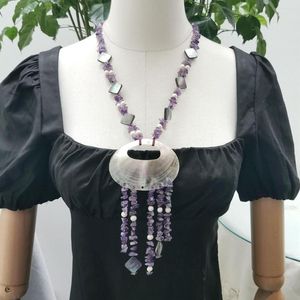 Anhänger Halsketten Lii Ji Lila Farbe Quasten Halskette 66cm Amethysten Perle Shell Frauen Schmuck Lager Verkauf