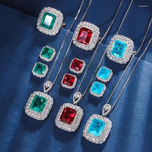 Necklace Earrings Set EYIKA Vintage Square Paraiba Tourmaline Lab Ruby Ring Luxury Green Fusion Stone Women Wedding Fine Jewelry