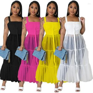 Vestidos casuais vestido de malha sólida sexy para mulheres 2024 Summer Strap ver através da cintura esbelta Big Swing Splice Long Streetwear