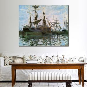Schiffe im Hafen, handgemalte Claude Monet-Leinwandkunst, impressionistische Landschaftsmalerei für moderne Inneneinrichtung