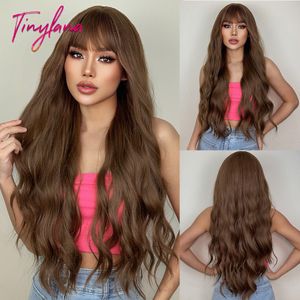 Synthetic Wigs Long Wavy Copper Brown Synthetic Hair Wig with Bangs for Black Women Dark Brown Body Wave Cosplay Natural Heat Resistant Hair 230715