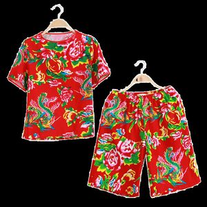 Abbigliamento etnico da tute maschili da uomo alla moda Cultura cinese D Printing Northeast Big Flower a due pezzi comodi trasmessi o Shorts a maglietta da colletto