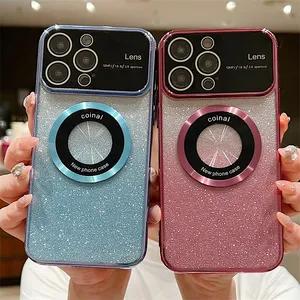 ズームホールロゴiPhone 14 11 12 13 Pro Max XR XS 8P 7PUS Gradient Glitter TPU付きカメラレンズプロテクターカバーの磁気電話ケース