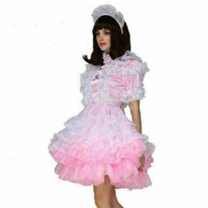 Sissy Maid Zamknięta organza jasnoróżowa puchowa sukienka dostosowana do dostosowanego kostiumu 228Z