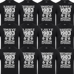 Camisetas masculinas Tenho 18 anos e 22 anos de experiência em 1983, novembro, setembro, outubro, dezembro, janeiro, fevereiro, março, abril, maio, junho, julho, agosto, 40º de agosto.