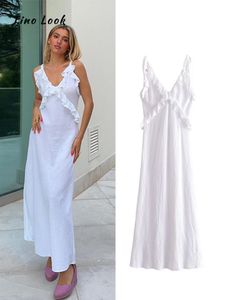 Vestidos casuais básicos linho babados vestido branco espaguete cinta profunda decote em v sem costas cintura alta uma linha 2023 verão midi férias robe 230715