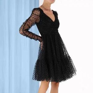 女性のための黒いドレス2023新しいファッションドットレース長袖秋のドレスエレガントなシックな膝の長さvネックドレス