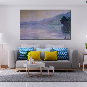 Hand Painted Textured Canvas Art The Seine at Port-villez Blue Effect Claude Monet Painting Still Life Dining Room Decor