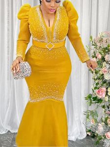 Casual Dresses Women Maxi Dress Patchwork Long Sleeves Transparent Beading With Waist Belt Event African Elegant Gowns Birthday Wedding