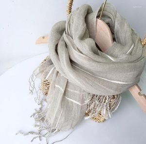 Scarves Spring And Summer Women Pure Linen Scarf Thin Breathable Striped Shawl Tassel 53x180cm