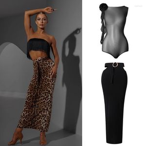 Scenkläder vuxna latin dansar kläder sexiga mesh topp långa leopard kjol kvinnor fest dans kostym övning kläder sl8553