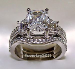 Cluster Anéis Vintage 10K Ouro Branco 3ct Moissanite Conjunto de Anel S925 Prata Esterlina Bijuteria Noivado Aliança de Casamento Para Mulheres Homens Jóias