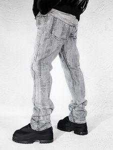 Mäns jeans stänk-bläck grå vit gör de gamla cowboybyxorna tungt tvättade stretch amerikanska retro overaller mode punk