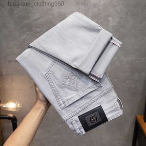 Designer Summer Jeans For Men Premium Cream Grey Fashion High End Jeans Men's European Fashion Brand Elastic Slim Fit Small Straight Tube Denim Long Pants