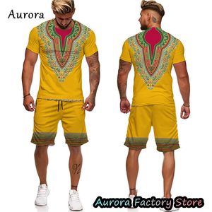 Erkeklerin Trailsuits Erkekler Yaz Afrika Afrika Dashiki Trailtsuit Vintage Etnik Baskı T-Shirt Şortları Set Büyük Boy Kıyafet Açık Giyim Sokak Giyim 230715