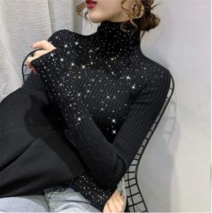 Kvinnors tröjor Autumn Winter Turtleneck Kvinnor Sparkling Diamond Tops Slim Fit Pullover Knippad tröja Jumpers tjock varm drag