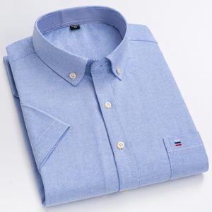 Homens camisetas Oxford manga curta verão camisas casuais único bolso confortável ajuste padrão botão para baixo xadrez listrado camisa de algodão 230715