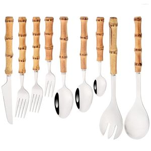 Servis uppsättningar 6st knivsallad gaffel te sked bordsartiklar bambu handtag bestick set 304 rostfritt stål serverande bestick