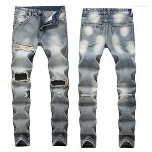 Mäns jeans hög tvätt gammal rippad jeanhål förstörde mode street denim dagligen rak retro stor storlek