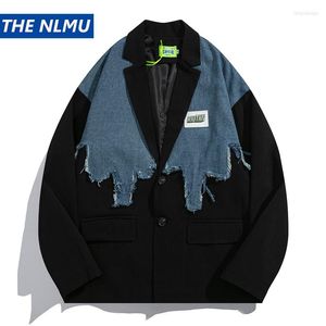 Mäns kostymer denim lapptäcke blazer män avslappnad trendiga löst kostym jackor 2023 retro hip hop streetwear coat