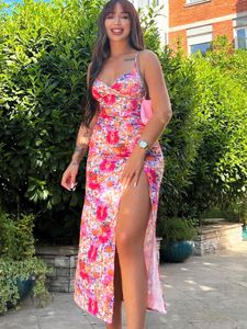 Grundläggande casual klänningar Hugcitar Floral Print Slip V Neck Backless Slit Sexig bodycon Maxi Prom Dress Summer Women Elegant Outfit Streetwear Party Kawaii 230715