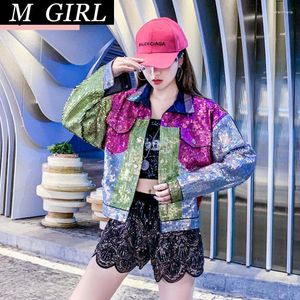 Women's Jackets M GIRLS And Winter Sequins Denim Jacket Autumn Women Clothing Female Hip Hop Loose Turn-Down Collar Hole Coats