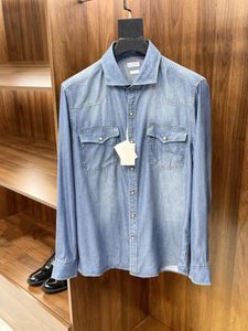 Camicie casual da uomo 2023 Camicia di jeans con collo a polo primavera / estate Moda doppia tasca Lavabile Vecchia manica lunga traspirante Top di alta qualità