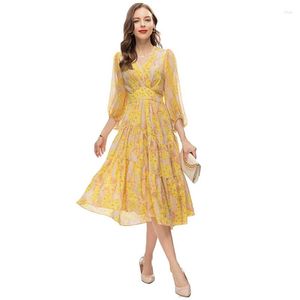 Casual Dresses Yellow Floral Chiffon Pearl Beaded Trims Wrap V Neck Lantern Sleeve Midi Length Shirt Dress