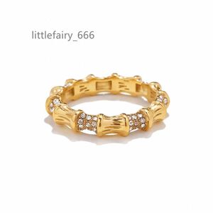 18K Gold Plated Stainless Steel Dainty Bamboo Uneven Design White Diamond Rings For Women Jewelry