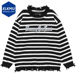 Suéteres Masculinos Hi Street Suéteres Listrados Pulôveres de Malha Masculino Oversized Solto Suéter Hip Hop Desgastado Outono Inverno Moda Streetwear Tops 230715