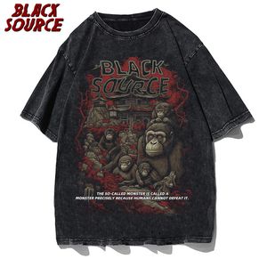 Мужские футболки черный источник мультфильм обезьяна атака стис черная винтажная футболка 230717