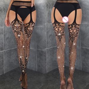 Kvinnors strumpor öppnar gren transparenta tights strumpor kroppsstrumpor Crotchless Women's Pantyhose Costumes Lady Rhinestone Underwear Set