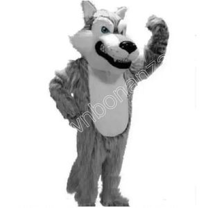 Trajes de mascote de lobo cinzento de cabelo comprido Terno extravagante de desenho animado para tema animal adulto Mascote Fantasia de carnaval Halloween Dress Fancy Dress