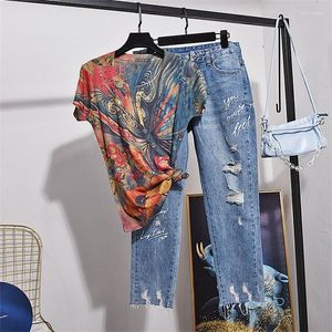 Women's Tracksuits Summer Vintage Print T-shirt Holes Denim Pants Two Piece Set Women Loose Short Sleeve T Shirt Jeans 2pc Female Casual