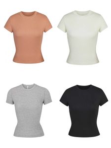 Tnasskims Stock Thread Pure Cotton Short Sleeved T-shirt för kvinnors sommar grundläggande bantningstopp med Kardashian matchande inre lager