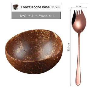 Miski Naturalne miski kokosowe Zestaw ręcznie robionej zastawy stołowej drewniana łyżka deser sałatka owocowa mieszanie ryżu ramen 10-12 cm