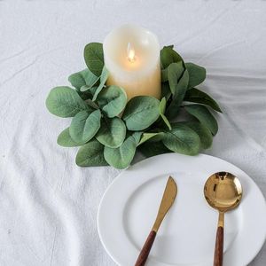 Decorative Flowers 25cm Artificial Leaves Candle Ring Green Wreaths For Home Decor Wedding Table Party Greenery Wreath