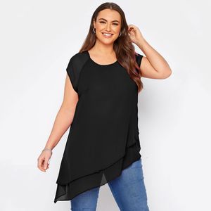 Camiseta Feminina Plus Size Plus Size Assimétrica Elegante Summer Chiffon Blusa Feminina Manga Curta Bainha em Camadas Casual Túnica Tops Feminino Roupas Tamanho Grande 230715