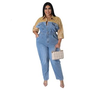 Kvinnors plus storlek jumpsuits rompers stora vackra kvinnor denim jumpsuit långärmad lapptäck kvinnliga flickor streetwear overaller lady's jean 230715