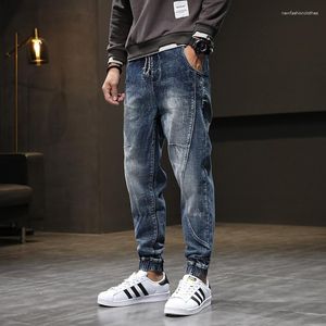 Herr jeans street mode män retro grå blå elastisk casual denim last byxor hombre skarvad designer hip hop joggar övergripande