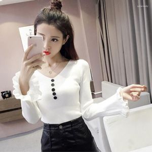 Women's Sweaters Solid Color Harajuku Slim V-neck Button Flared Sleeve Sweater Street Style Knitted Bottoming Shirt Blouse Autumn Winter