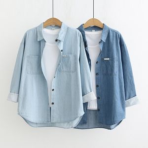 Blusas Femininas Camisas Camisa Feminina Denim Manga Comprida Coreana Casual Versátil Antiga Cor Sólida Etiqueta de Bolso Duplo Camisa Outono Plus Size Camisas Mujer 230715