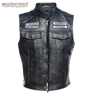 Chalecos de hombre Bordado Chaleco de moto Chaqueta de cuero sin mangas para hombre Cuero de vaca real Club Riding Biker M008 230715