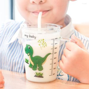 Water Bottles 450ml Dinasour Children's Breakfast Cup Milk Graduated With A Straw Glass Gift Transparent Handle