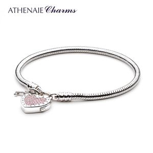 Waistcoats Athenaie Sterling Sier Love Snake Chain Charms Armband Bangle With CZ Lock of Heart Clasp Fit Women Wedding DIY SMYELLT