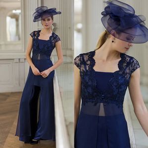 Nuovi eleganti tailleur pantalone per madri in pizzo con giacca lunga con paillettes Abito da ospite per matrimoni blu scuro Abiti per la madre della sposa taglie forti