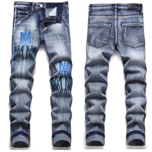 Nuovi jeans AMI da uomo e da donna, jeans strappati effetto consumato, denim dritto sottile, per uomo, stampa, pantaloni skinny da uomo, moda militare