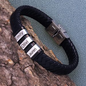 Manschett Personlig herr äkta läderarmband Rostfritt stål Anpassade pärlor Namn Charm Armbandsmycken för män med presentförpackning 230716