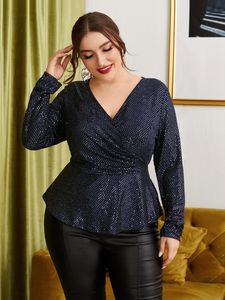 T-shirt taglie forti da donna Taglie forti 4XL Top con peplo con paillettes Donna Autunno blu Camicette eleganti a maniche lunghe di grandi dimensioni T-shirt oversize curvy casual 230715